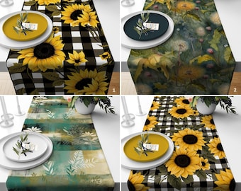 Camino de mesa de girasol,Camino de mesa de otoño,Decoración de cocina con estampado de hojas abstractas,Mantel a cuadros,Decoración de mesa floral,Mesa de tendencia de otoño