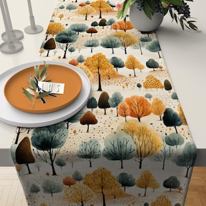 Bordlöpare med höstskog, bordsskiva med höstträd, bordsdekoration i lantlig stil, bordsduk i hösttrend, bordsdekoration i lantlig stil för Thanksgiving