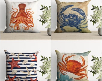 Beach House Pillow Case,Nautical Home Decor,Starfish Throw Pillow,Octopus Crab Home Decor,Porch Pillowcase,Navy Marine Cushion Cover