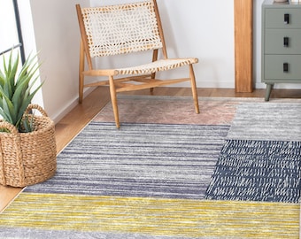 Gray Yellow Carpet,Abstract Design Rug,Machine-Washable Fringed Non-Slip Rug,Modern Multi-Purpose Anti-Slip Carpet,Bohemian Living Room Rug