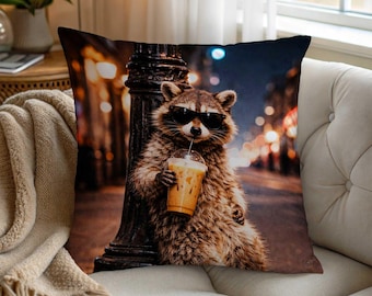 Adorable Raccoon Coffee Pillow Cover, Cute Animal Throw Pillow Sham, Fun Gift for Coffee Enthusiasts