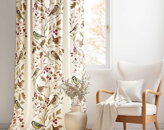 Fall Bird Botanical Curtain|Rustic Autumn Leaf Drapes|Farmhouse Nature Window Treatment|Thanksgiving Home Decor