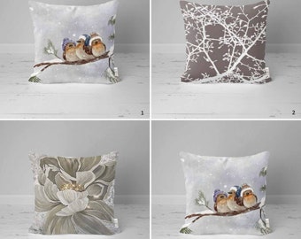 Cute Birds Print Winter Pillowtop,Floral Xmas Pillow Cover,Snow Birds Cushion Case,Frozen Sofa Decor,Decorative Snowflake Cushion Cover