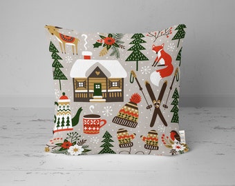 Winter Cushion Case,Outdoor Home Decor Gift,Christmas Cushion Cover,Snow House Throw Pillowcase,Decorative Pillow Case,Xmas Deer Pillow Sham