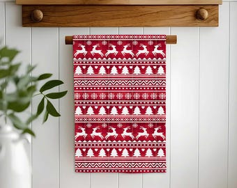 Christmas Reindeer Snowflake Hand Towel,Holiday Tea Towel,Fair Isle Xmas Decor,Farmhouse Dishcloth,Cost Effective Rag