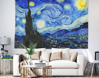 Starry Night by Van Gogh Wall Tapestry,Landscape Wall Hanging Art,Sky View Tapestry,Masterpiece Fabric Wall Art,Blue Wall Decor Gift for Her