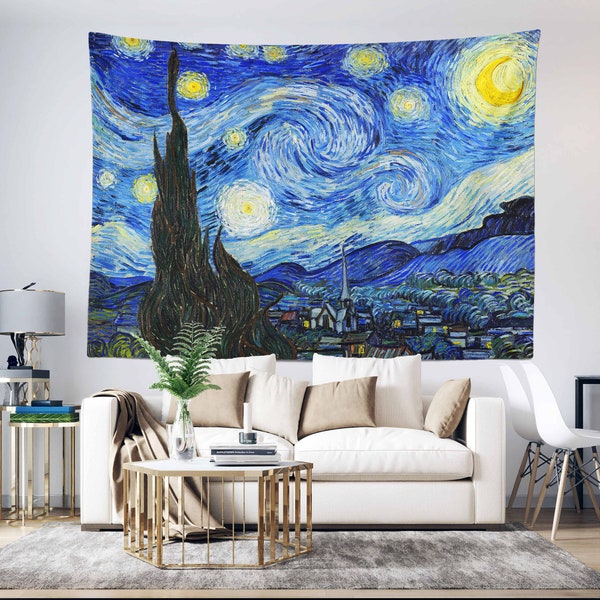 Starry Night by Van Gogh Wall Tapestry,Landscape Wall Hanging Art,Sky View Tapestry,Masterpiece Fabric Wall Art,Blue Wall Decor Gift for Her