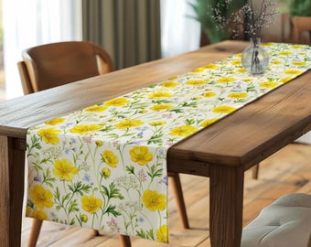 Cottagecore Wildflower Table Runner,Buttercup Lavender Floral Tablecloth,Country Farmhouse Summer Decor,Cozy Rustic Tabletop