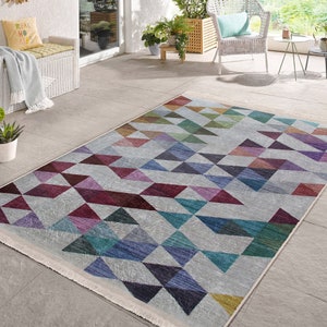 Triangle Design Rug,Geometric Area Rug,Machine-Washable Fringed Non-Slip Rug,Stylish Multi-Purpose Anti-Slip Carpet,Living Room Carpet