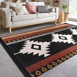 Tapete com design de tapete, tapete antiderrapante com franjas e estampa asteca, tapete antiderrapante lavável à máquina com padrão rústico, tapete do sudoeste, decoração geométrica étnica
