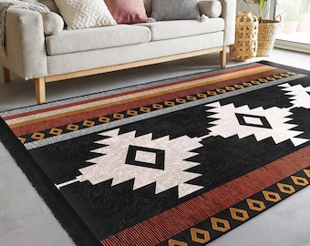 Rug Design Carpet,Aztec Print Fringed Anti-Slip Carpet,Rustic Pattern Machine-Washable Non-Slip Rug,Southwestern Rug,Ethnic Geometric Decor