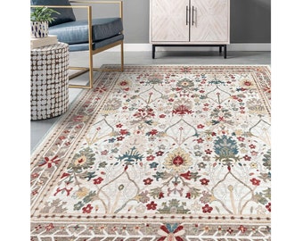 Tile Pattern Rug,Floral Kilim Design Turkish Rug,Ethnic Machine-Washable Non-Slip Rug,Boho Living Room Rug,Multi-Purpose Anti-Slip Carpet