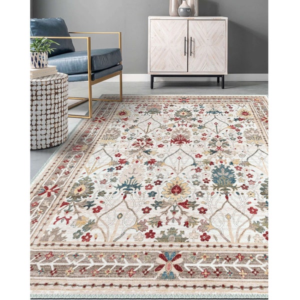 Tile Pattern Rug,Floral Kilim Design Turkish Rug,Ethnic Machine-Washable Non-Slip Rug,Boho Living Room Rug,Multi-Purpose Anti-Slip Carpet