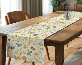 Butterfly Cornflower Daisy Floral Tablecloth,Cottagecore Wildflower Table Runner,Country Farmhouse Summer Home Decor,Cozy Rustic Tabletop