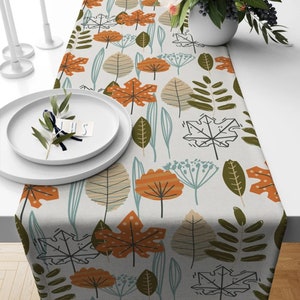May include: A rectangular table runner featuring a repeating pattern of autumnal leaves in orange, green, and beige on a light background. The runner is on a white surface, with white plates and candles visible.