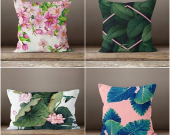 Floral Pillowcase,Summer Trend Home Decor,Pink Green Cushion Case,Tropical Leaf Cushion Cover,Throw Pillow Case,Farmhouse Pillow Sham