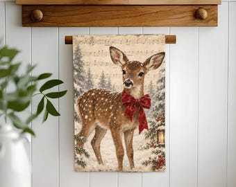 Winter Deer Bow Hand Towel,Christmas Tea Towel,Rustic Woodland Xmas Decor,Reusable Rustic Towel,Cost Effective Rag,Cozy Dishcloth