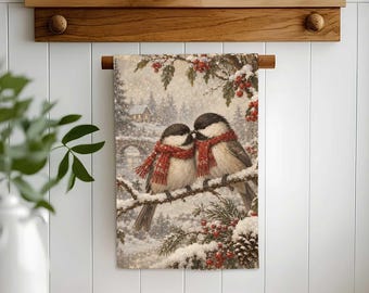 Winter Chickadee Bird Hand Towel,Christmas Tea Towel,Holly Berry Dishcloth,Reusable Towel,Cost Effective Rag,Xmas Tea Towel with Bird Print