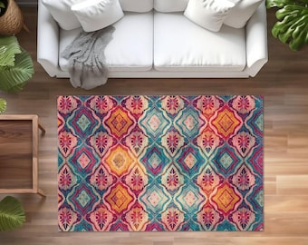 Stylish Area Rug,Machine-Washable Mat,Fringed Floor Mat,Southwestern Rug,Aztec Floor Mat,Terracotta Decor,Aztec Fringed Mat,Geometric Carpet