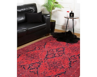 Red Ethnic Rug,Oriental Washable Carpet,Farmhouse Style Machine-Washable Non-Slip Rug,Decorative Area Rug,Multi-Purpose Anti-Slip Carpet