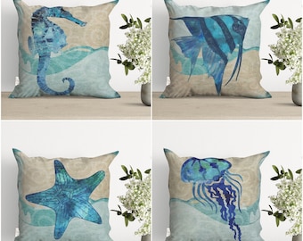 Nautical Pillow Cover,Seahorse Pillowtop,Navy Marine Pillow,Fish Cushion Case,Throw Pillow Top,Starfish Cushion Case,Summer Pillowcase