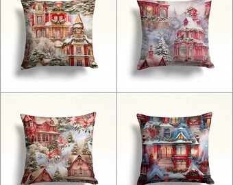 Winter House Pillowcase,Decorative Porch Cushion Case,Cozy Throw Pillowtop,Snow Xmas Pillow Cover,Pine Tree Winter Pillow Case,Xmas Decor