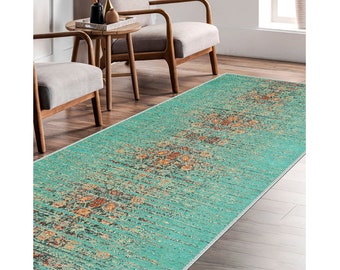 Turquoise Area Rug,Boho Living Room Rug,Ethnic Machine-Washable Non-Slip Rug,Decorative Abstract Floor Rug,Multi-Purpose Anti-Slip Carpet
