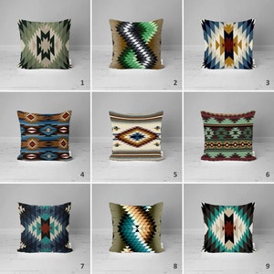 May include: Nine different throw pillow designs featuring geometric patterns in shades of green, blue, red, brown, and white. The pillows are arranged in a grid pattern on a white wooden surface.