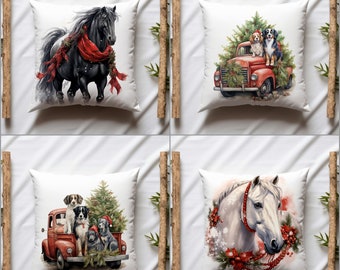 Kerstkussensloop, paardengooikussen, rode vrachtwagenprint winterbuitenkussensloop, hondensofakussensloop, kerstboomverandakussenhoes