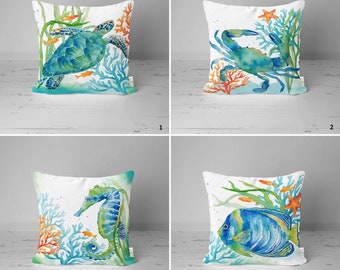 Nautical Pillow Case,Sea Turtle Throw Pillowcase,Fish Seahorse Crab Beach House Decor,Coastal Pillow Cover,Summer Navy Blue Marine Cushion