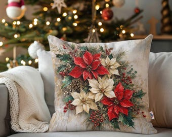 Poinsettia Bouquet Pillow Cover,Winter Porch Decor,Christmas Throw Pillowcase,Xmas Sofa Pillow Case,Holiday Pillow Sham,Cozy Cushion Cover
