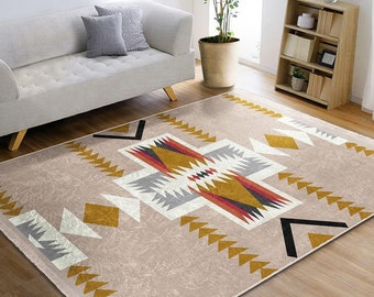 Southwestern Carpet,Rug Design Carpet,Rustic Pattern Machine-Washable Non-Slip Mat,Aztec Fringed Anti-Slip Floor Mat,Ethnic Geometric Decor