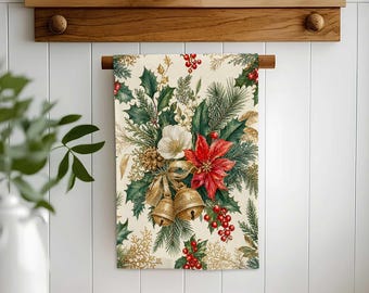 Christmas Bells Holly Hand Towel,Holiday Tea Towel,Pine Cone Xmas Decor,Farmhouse Dishcloth,Cost Effective Rag