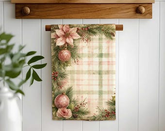 Winter Poinsettia Ornament Hand Towel,Christmas Tea Towel,Plaid Floral Xmas Decor,Reusable Towel,Cost Effective Rag