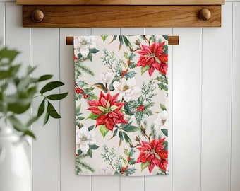 Christmas Poinsettia Hand Towel,Holiday Tea Towel,Floral Xmas Decor,Farmhouse Dishcloth,Cost Effective Rag