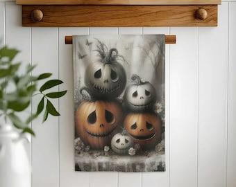 Halloween Hand Towel,Gothic Skull Design,Pumpkin Candle Art,Spooky Tea Towel,Haunted Kitchen Decor,Halloween Gift,Skull and Pumpkin Pattern