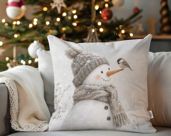 Snowman Pillow Cover,Winter Bird Pillowcase,Xmas Sofa Pillow Case,Throw Pillow Sham,Cozy Cushion Cover,Farmhouse Style Gift