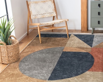 Abstract Motif Rug,Boho Style Carpet,Machine-Washable Fringed Non-Slip Rug,Modern Multi-Purpose Anti-Slip Carpet,Geometric Living Room Rug