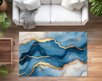 Abstract Blue Carpet,Marble Motif Rug,Anti-Slip Carpet,Decorative Area Rug,Washable Rug,Cozy Floor Mat,Boho Living Room Decor