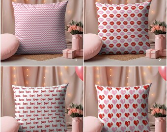 Valentine Cushion Cover,Red Pink Throw Pillowcase,Zigzag Pillow Cover,Love Pillow Case,Heart Gift For Her,Lip Print Cushion Case