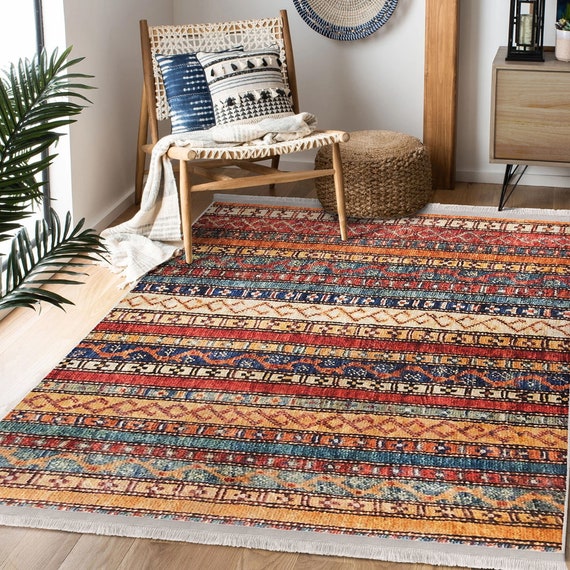 Hereke Motif Rug,Rustic Design Farmhouse Carpet,Machine-Washable Fringed Non-Slip Rug,Ethnic Multi-Purpose Anti-Slip Geometric Carpet
