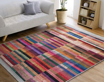 Bold Lines Carpet,Abstract Area Rug,Machine-Washable Fringed Non-Slip Rug,Colorful Multi-Purpose Anti-Slip Carpet,Abstract Living Room Rug