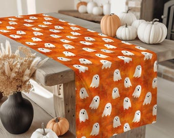 Halloween Ghost Pumpkin Table Runner,Spooky Blue Floral Tabletop,Farmhouse Fall Tablecloth,Autumn Table Decor,Cozy Rustic Dining Centerpiece