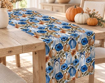 Pumpkin and Ghost Print Halloween Tabletop,Rustic Fall Table Runner,Autumn Tablecloth,Cozy Table Decor,Housewarming Thanksgiving Home Decor