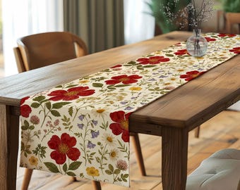 Cottagecore Wildflower Table Runner,Poppy Violet Floral Tablecloth,Country Farmhouse Summer Dining Decor,Cozy Rustic Tabletop