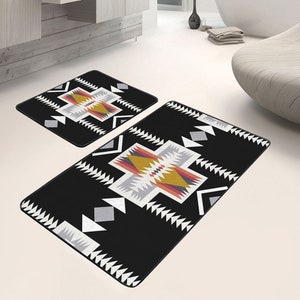 Set of 2 Aztec Bath Mat,Turkish Kilim Pattern Kitchen Floor Mat,Southwestern Home Decor,Rug Design Bath Mat,Rustic Home Gift Idea for Her