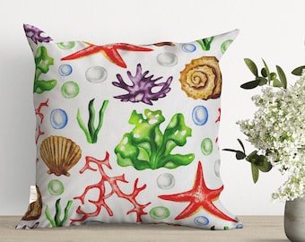 Fish Throw Pillow Cover,Decorative Nautical Cushion Case,Colorful Seashell Pillow Top,Beach House Pillowcase,Coastal Summer Trend Home Decor