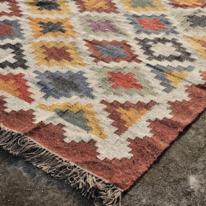 Handwoven Wool Jute Kilim Rug: Bohemian Flatweave Area Rug