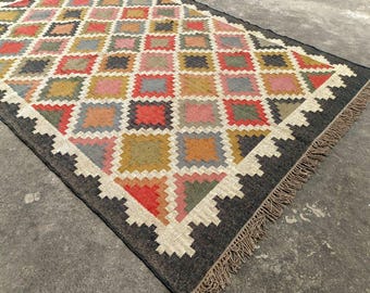 Alfombra Kilim de yute y lana tejida a mano, estilo tribal navajo bohemio, estilo oriental, Dhurrie indio