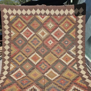Handwoven Wool Jute Kilim Rug: Bohemian Flatweave Area Rug Navajo Style Large Handmade Carpet